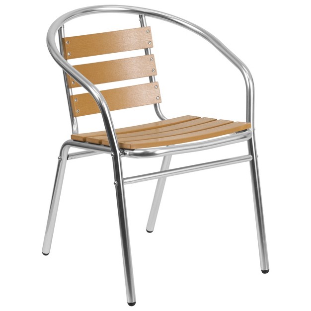 Emma And Oliver Aluminum Indoor outdoor Stack Chair W Triple Slat Faux Teak Back