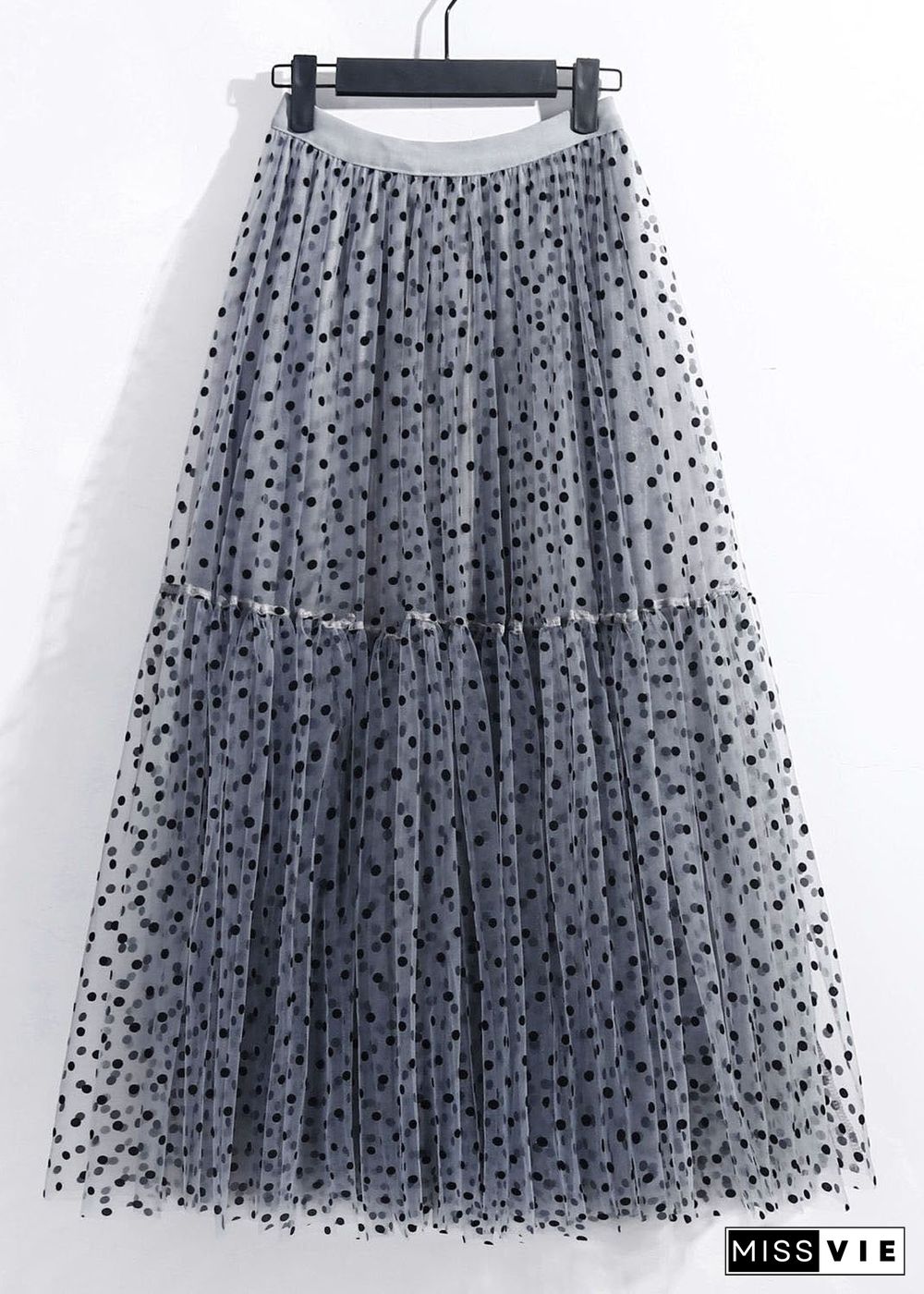 Grey Patchwork Tulle Skirt Wrinkled Elastic Waist Spring