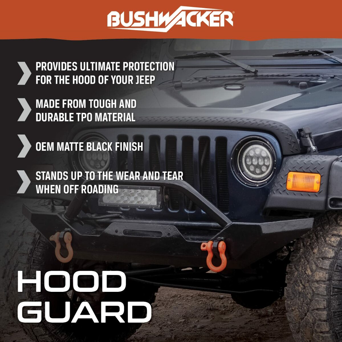 Bushwacker 14093 Trail Armor Hood Stone Guard Black Textured Finish， 1-Piece for 2018-2021 Jeep Wrangler JL， 2 and 4-Door