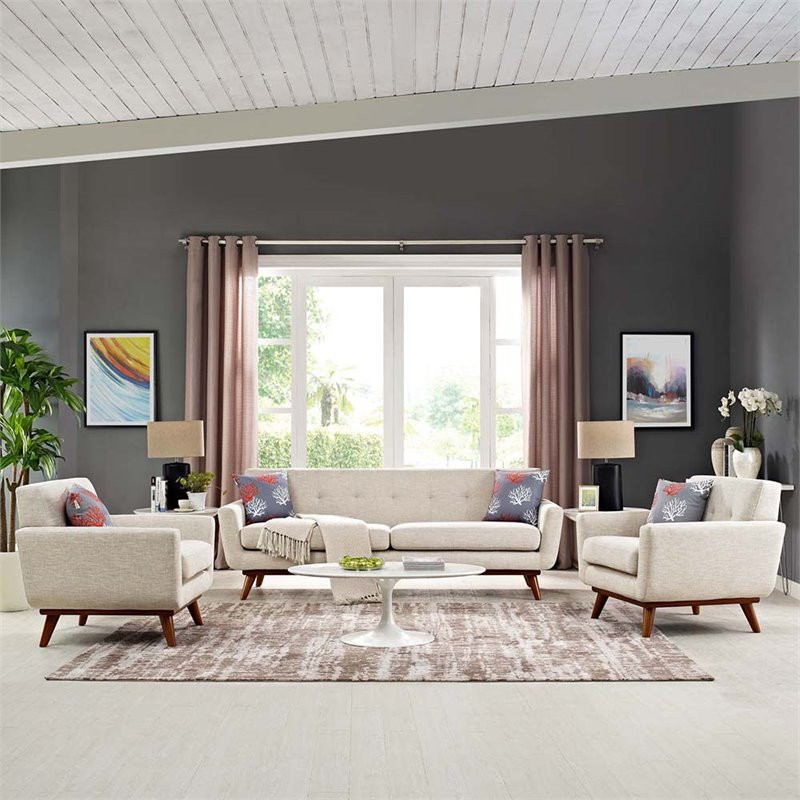 Modway Engage Modern Fabric 2 Piece Sofa Set with Armchairs in Beige   Midcentury   Living Room Furniture Sets   by Homesquare  Houzz