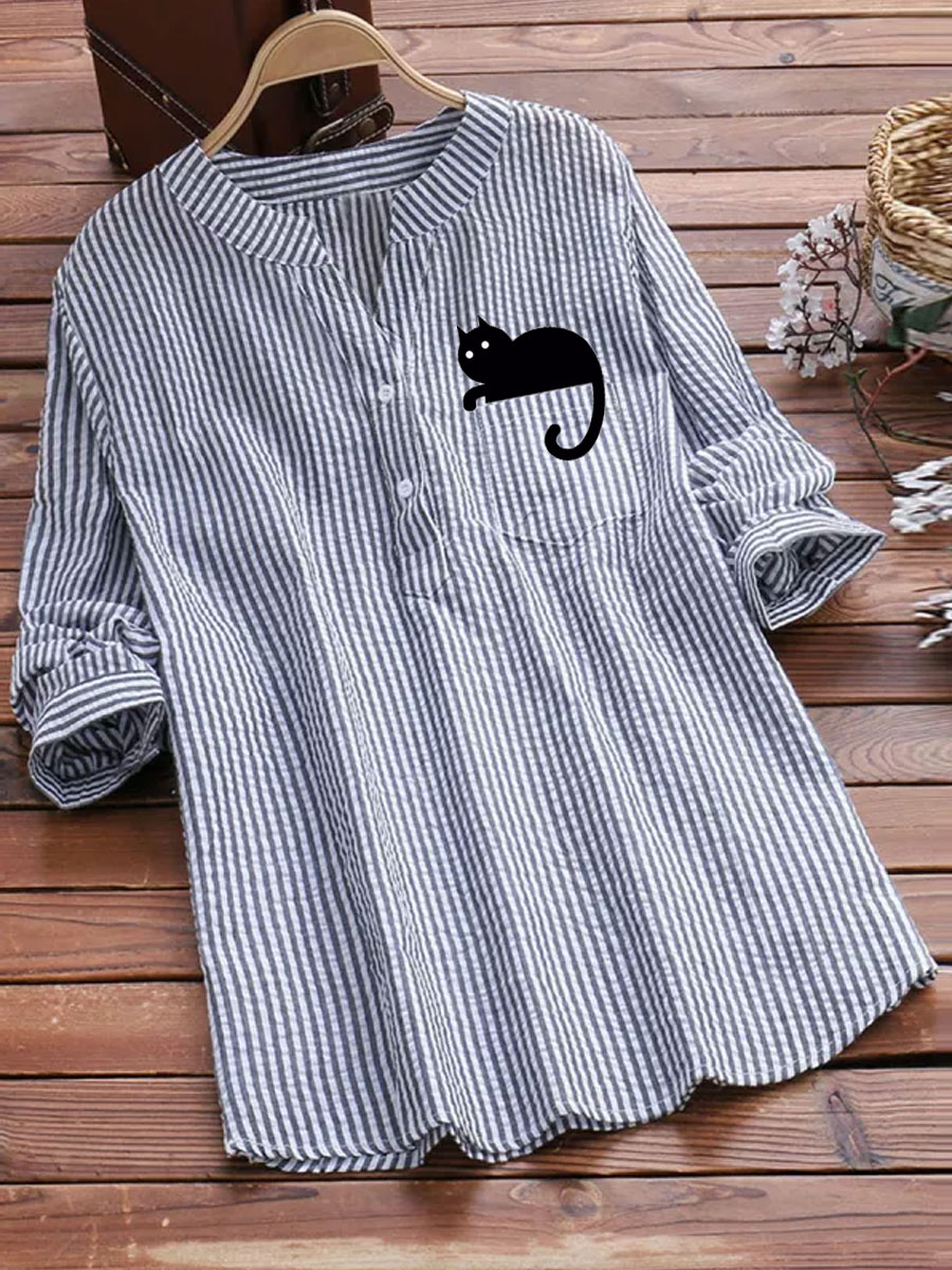 V-neck Casual Loose Striped Cat Print Long-sleeved Blouse