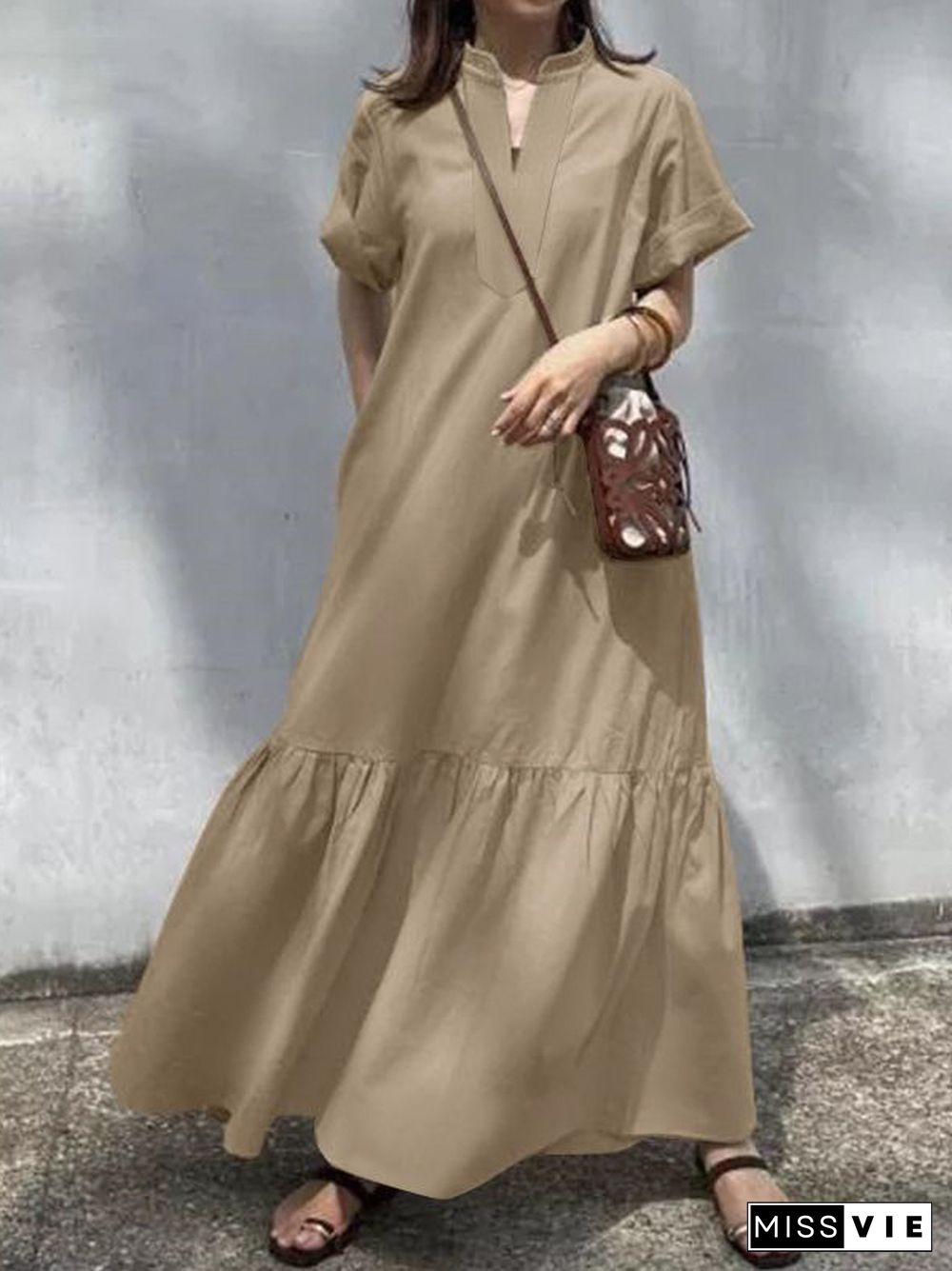 A-Line Loose Solid Color Split-Joint V-Neck Maxi Dresses