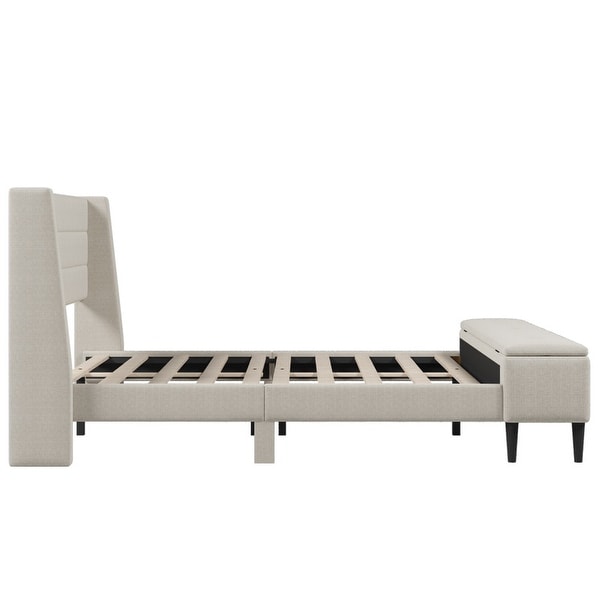 Beige Queen Upholstered Storage Bed with Storage Ottoman Bench and Two Nightstands - - 37893671