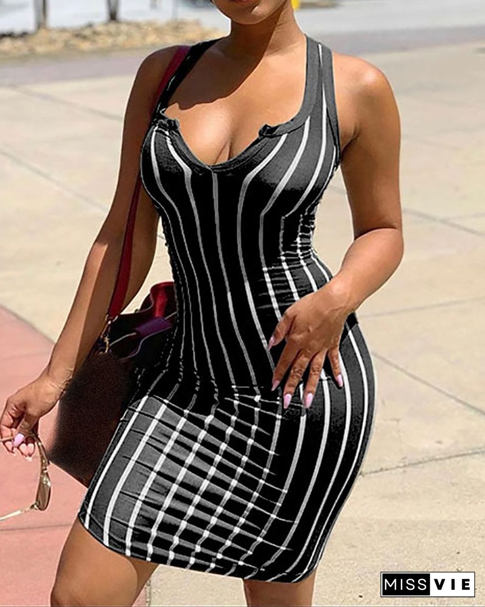 Striped Print Thick Strap Bodycon Dress