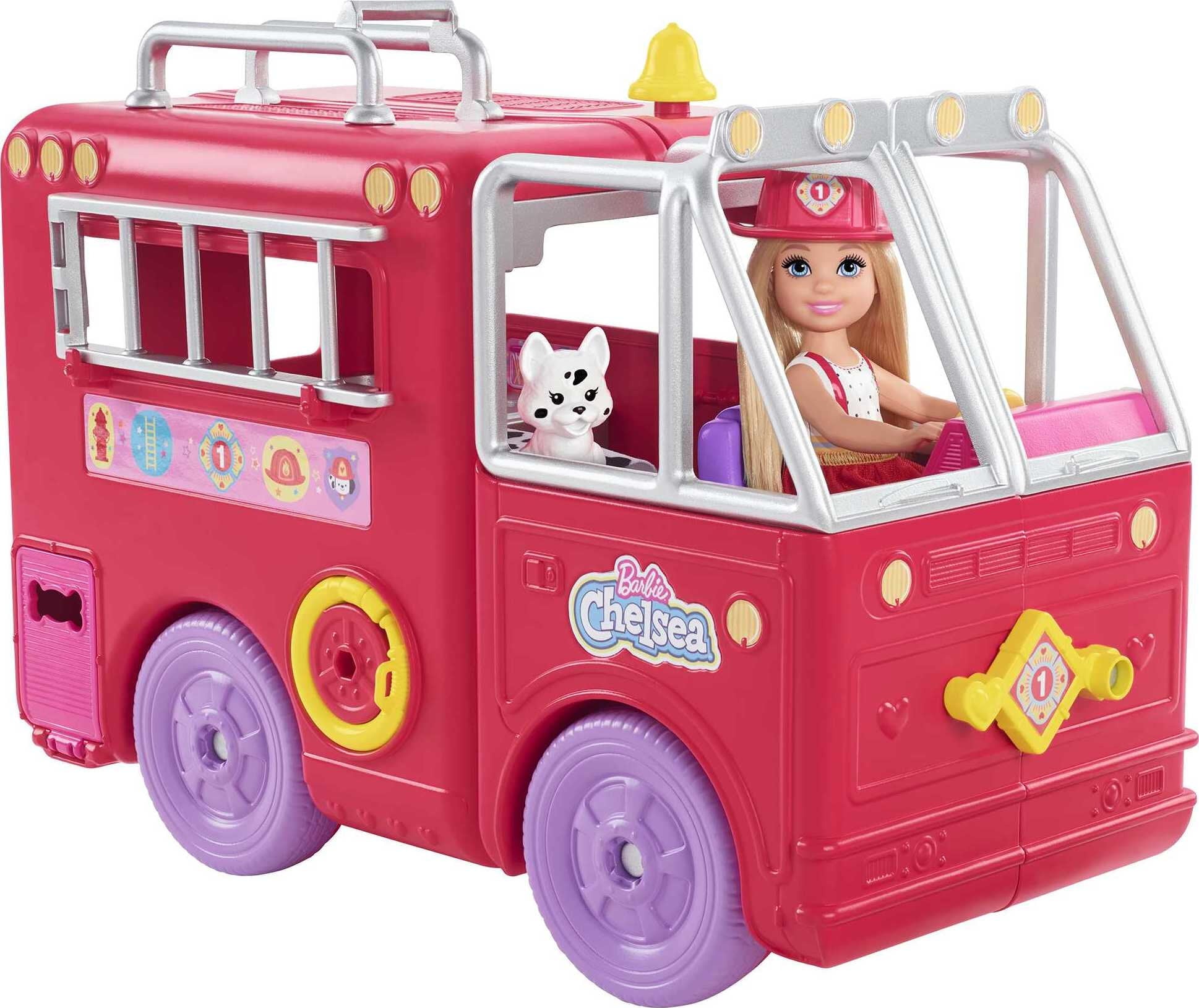Barbie Chelsea Can Be Fire Truck Playset with Blonde Doll, 2 Pets and 15+ Accessories, Open for Station