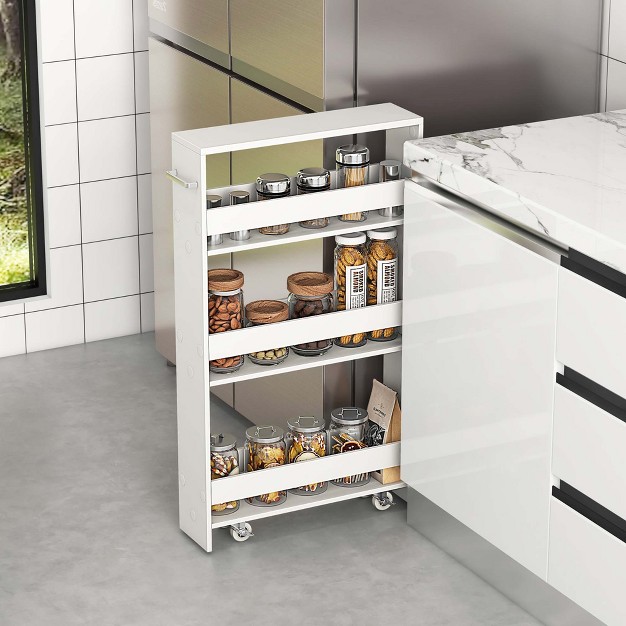 Costway 4 tier Slim Storage Cart With Open Shelves Rolling Kitchen Cart On Wheels Narrow Black grey white