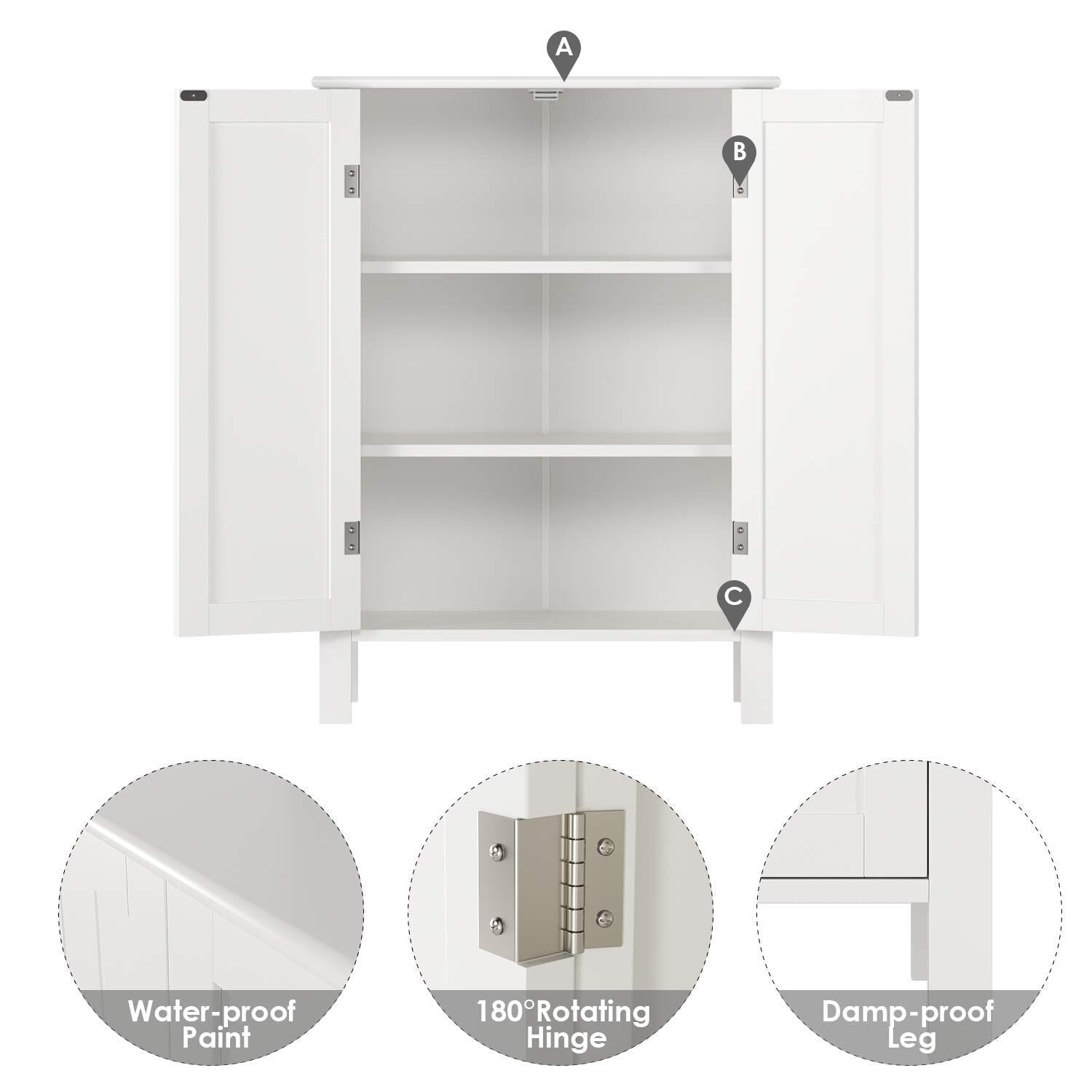 Homfa Bathroom Storage Floor Cabinet, Freestanding White Cabinet with Doors and Shelves