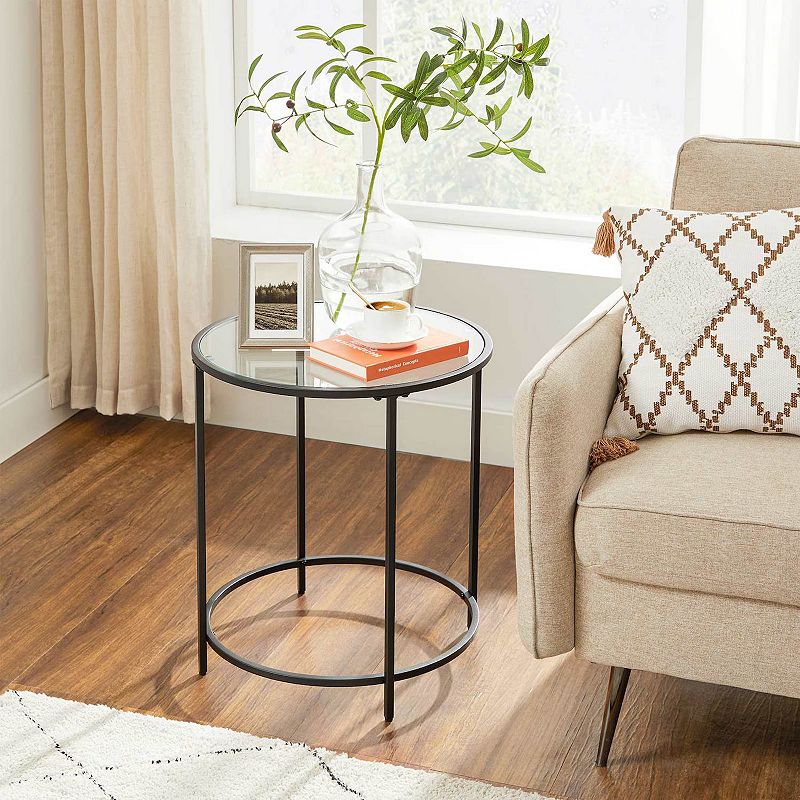 Round Side Table， Glass End Table With Metal Frame， Small Coffee Accent Table