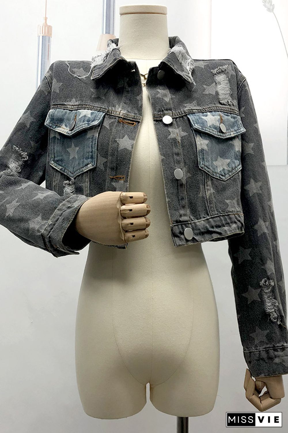 Grey Start Print Short Length Open Button Denim Jackets