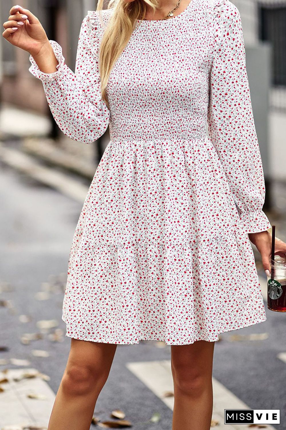 Smocked Puffy Long Sleeves Floral Dress