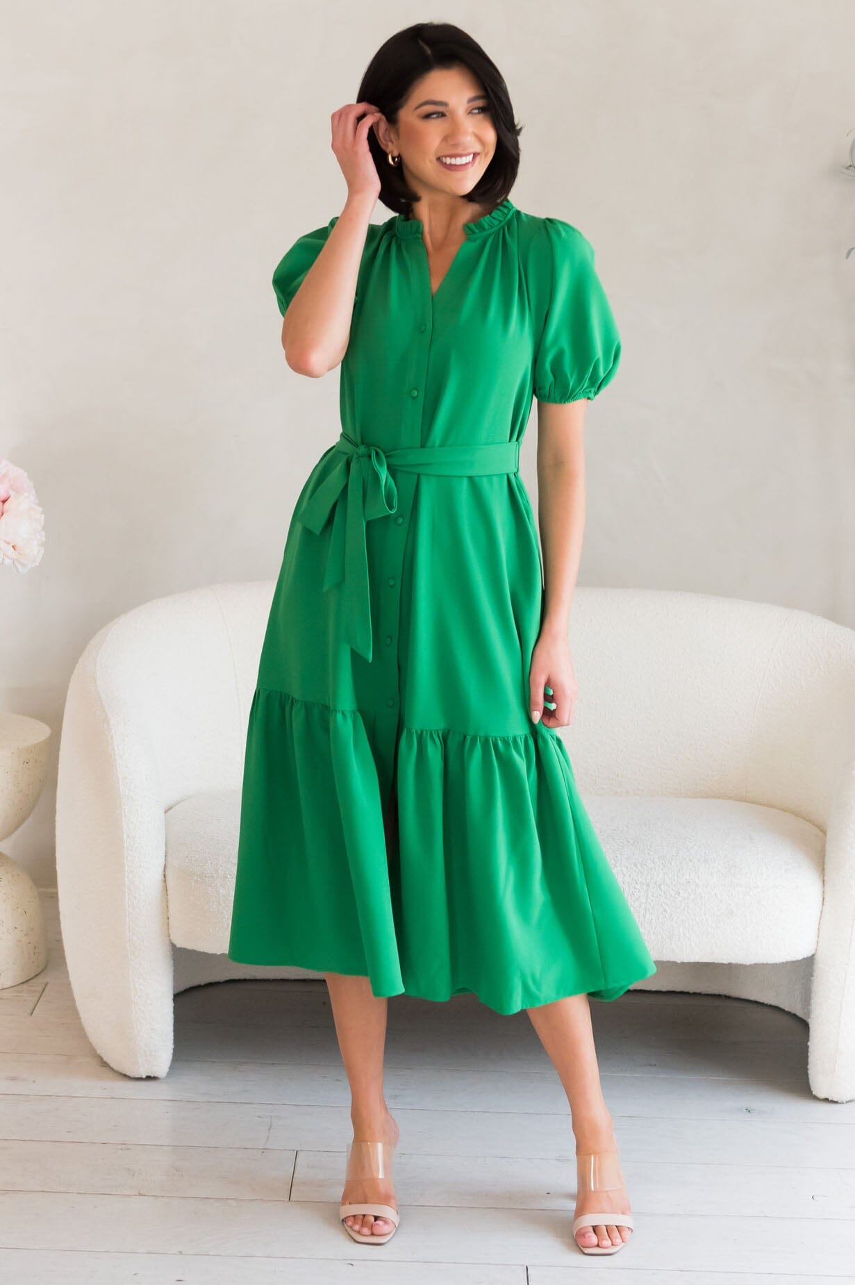 Alaska V-neck puff sleeve spring dress-vibrant green