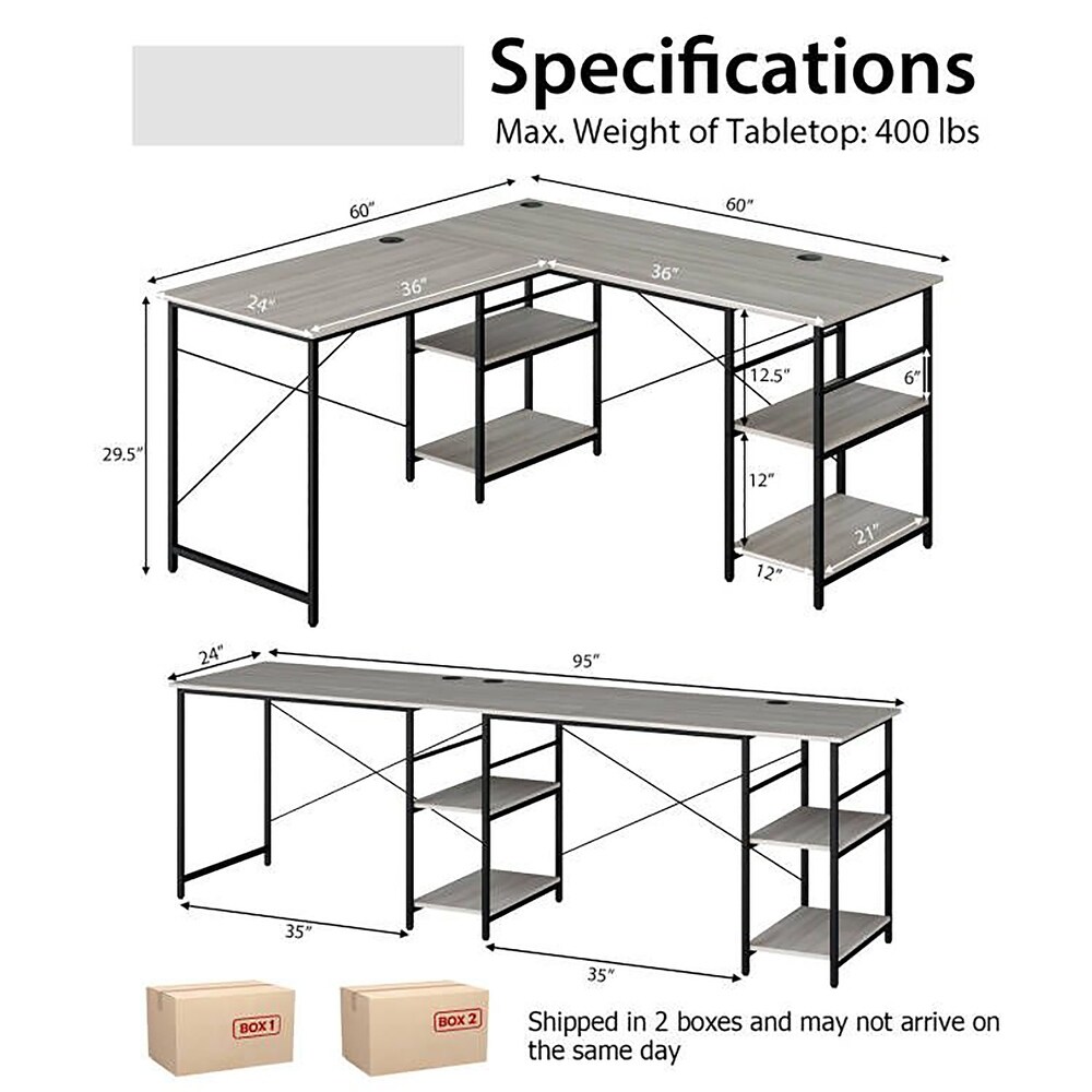 Costway 95'' Convertible L shaped Corner Computer Desk 2 Person Long