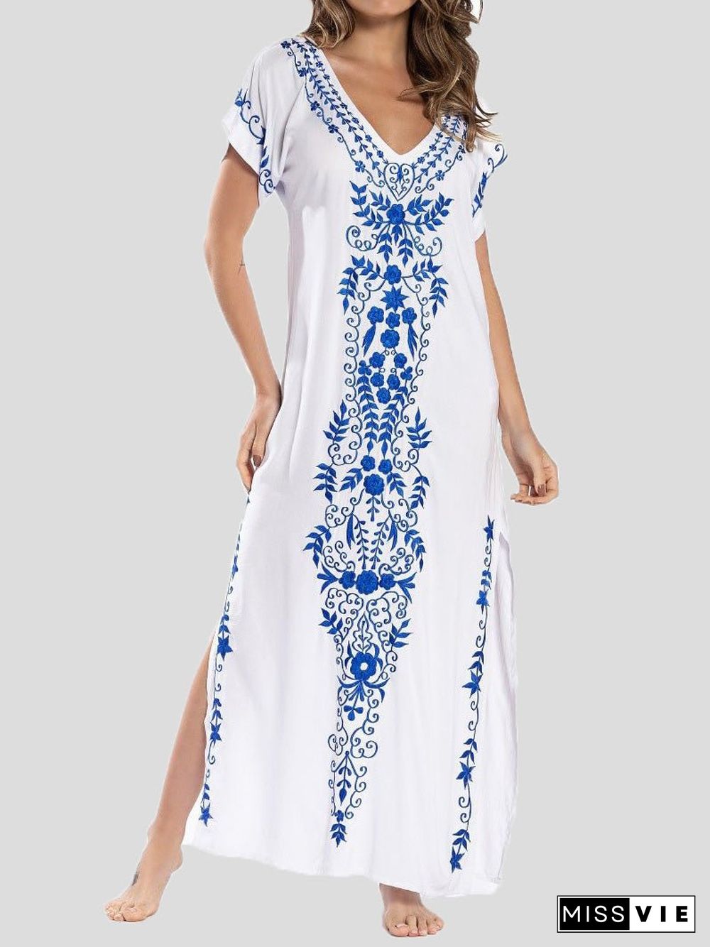 Women'S Dresses Loose V-Neck Vintage Print Slit Maxi Dress