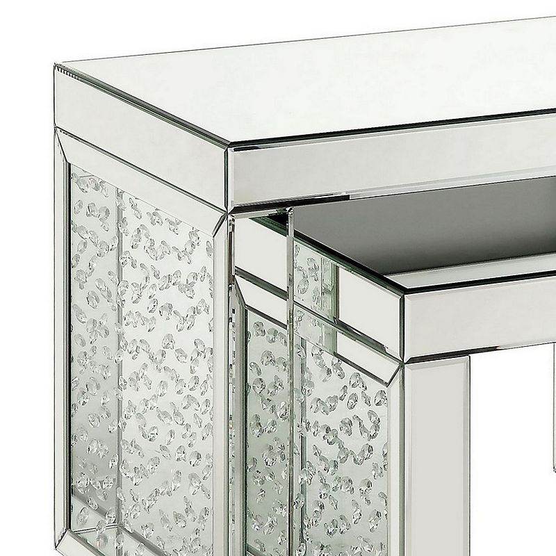 Accent Table with Mirrored Top and Faux Crystal Accent， Large， Silver