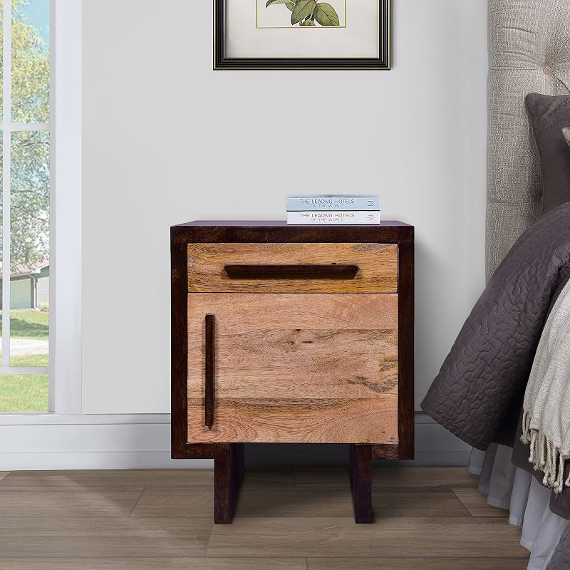 18.5 Inch Single Modern Contemporary Style Mango Wood Nightstand Side Table with 1 Drawer and Door， Cafe and Natural Brown