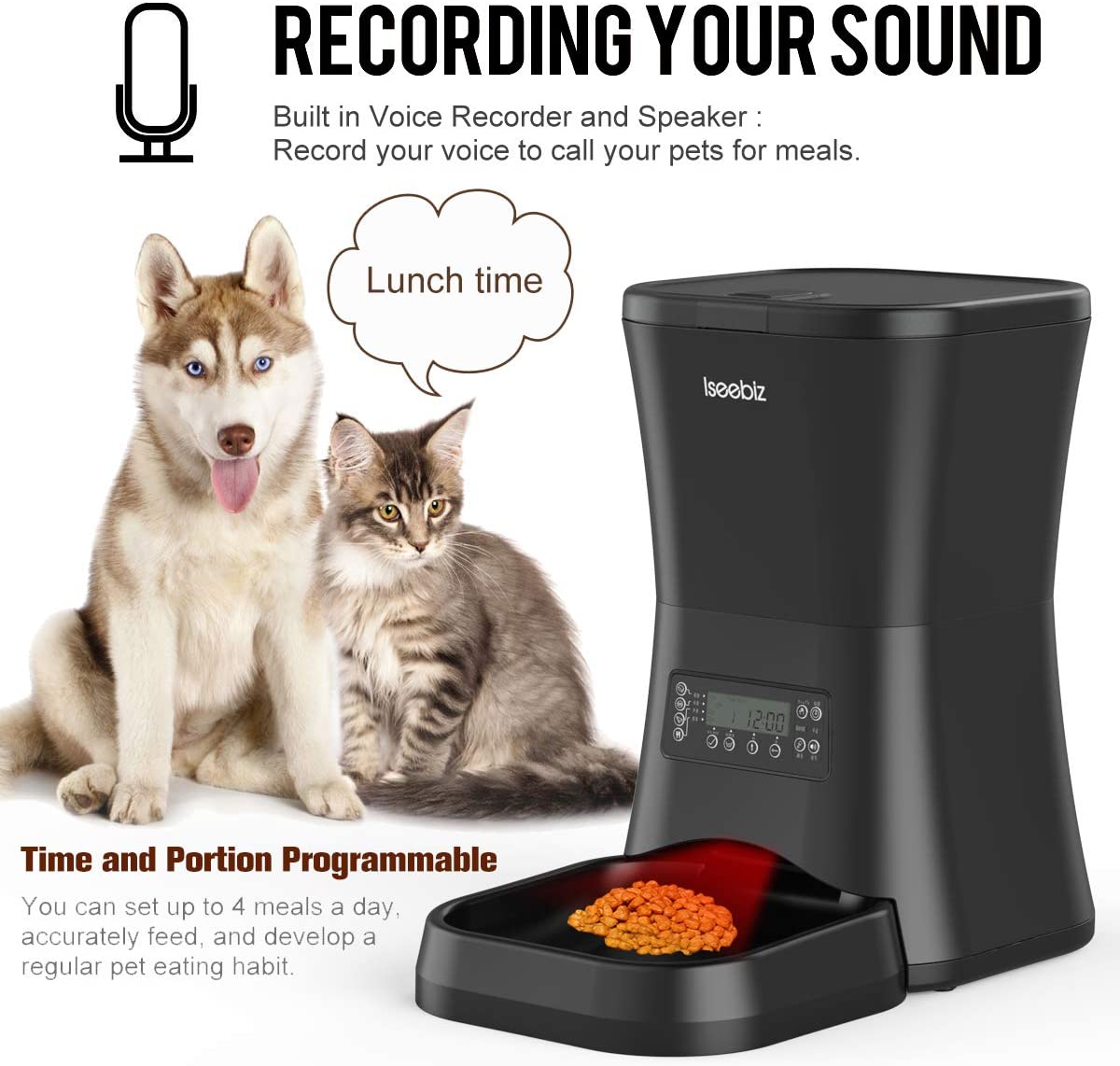 Iseebiz Pet Feeder Food Dispenser for Cats and Dogs Features Voice Recording， Timer Programmable， Portion Control， IR Detect， 4 Meals per Day for Small and Medium Pet