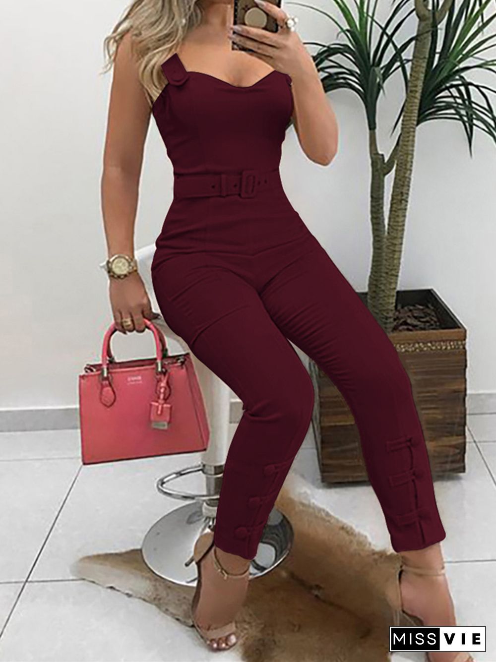 Summer Button Design Slim Bodycon Jumpsuits