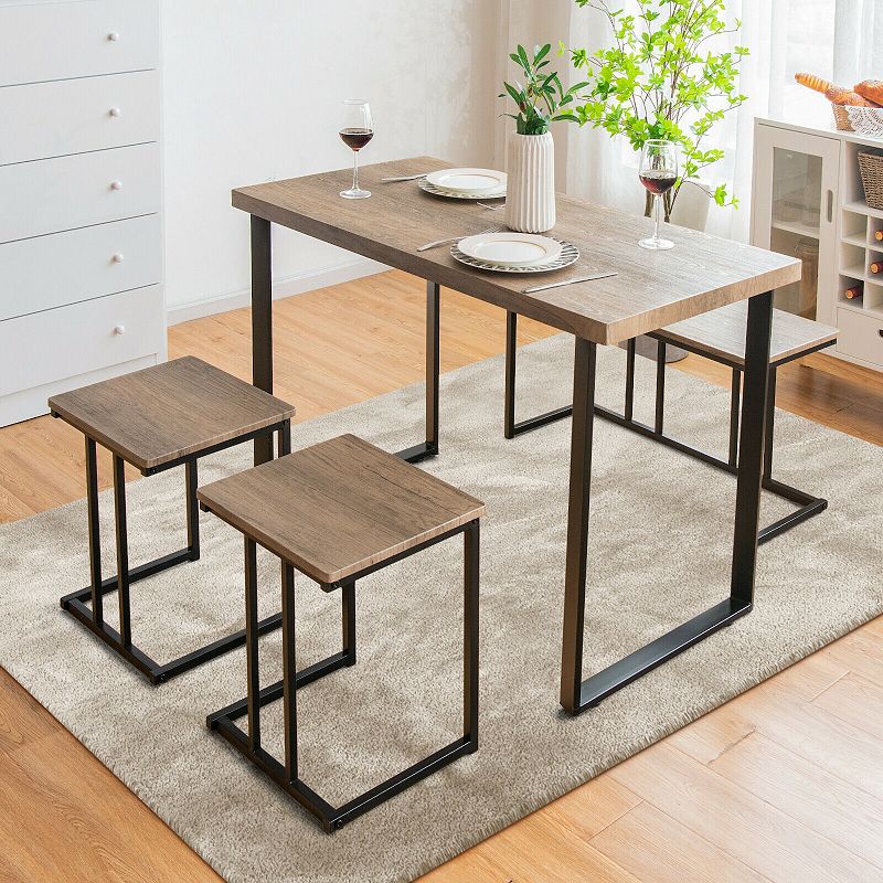 4 Pieces Industrial Dinette Set with Bench and 2 Stools-Oak