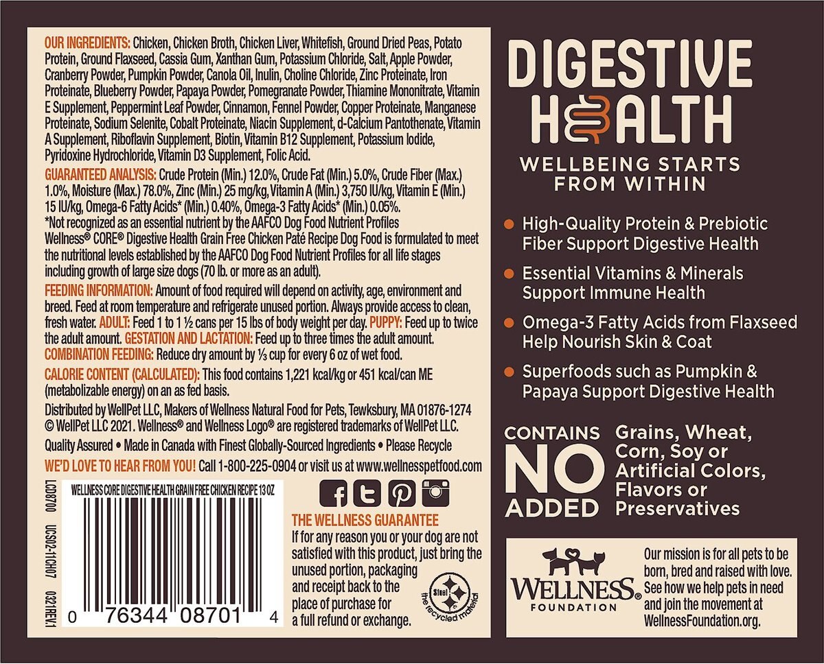 Wellness CORE Digestive Health Chicken Recipe Grain-Free Wet Dog Food， 13-oz， case of 12