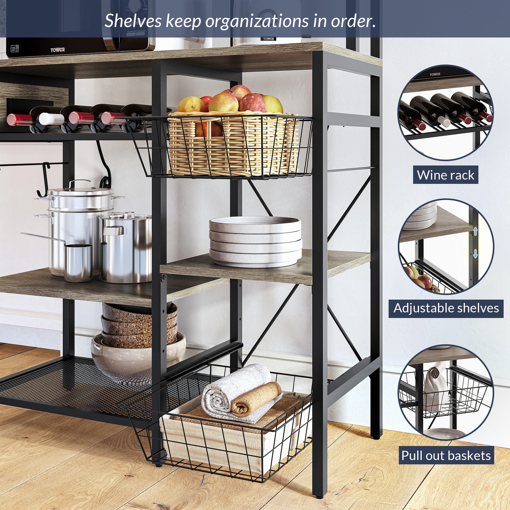 BELLEZE Bakers Rack with Power Strip， Storage Shelves， Standing Kitchen Organizer with Hutch， Hooks， Trays， Industrial Microwave Stand and Coffee Bar - Discover (Gray)