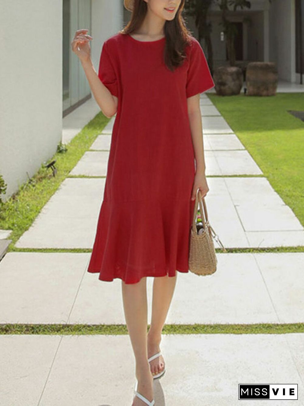 Solid Ruffle Short Sleeve Round Neck Casual Cotton Midi Dress