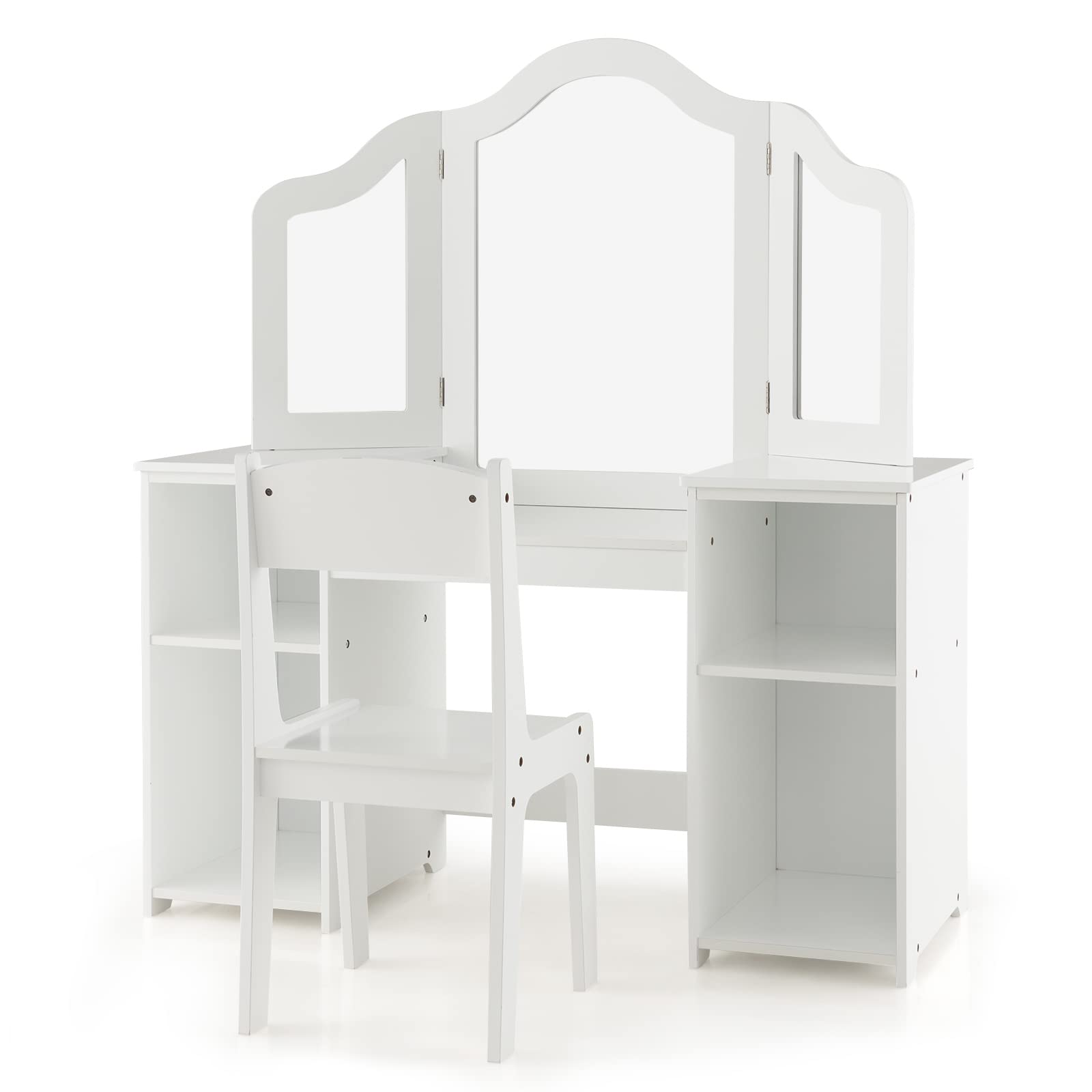 Costzon Kids Vanity Set, 2 in 1 Princess Makeup Dressing Table with Detachable Tri-Folding Mirror