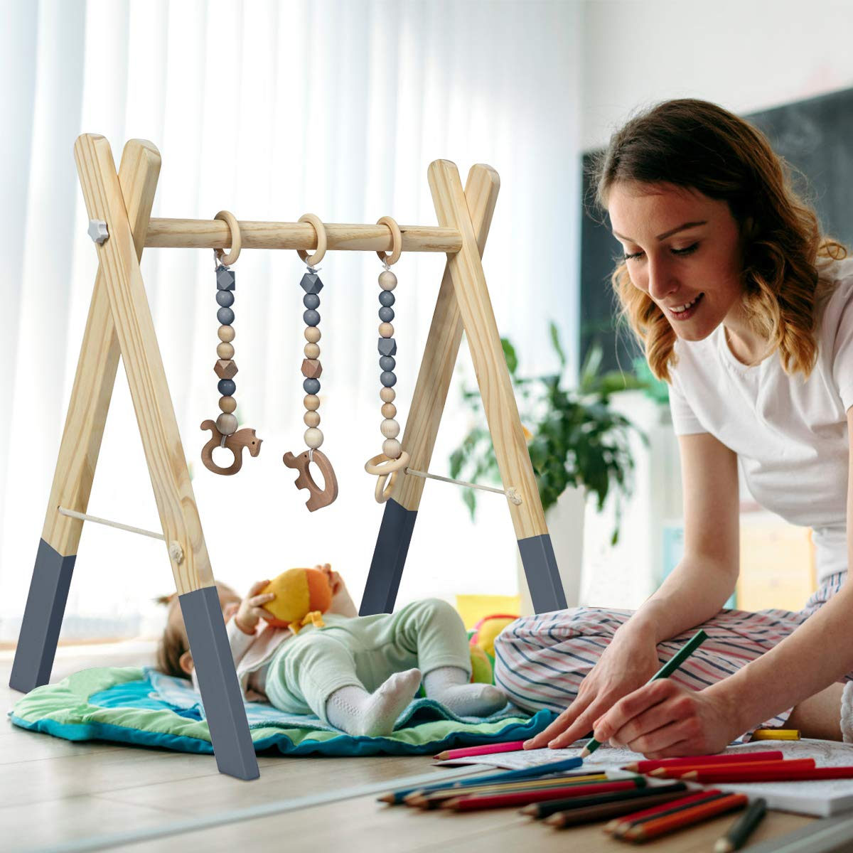 BABY JOY Portable Wooden Baby Gym, Foldable Baby Play Gym Frame with 3 Wooden Baby Teething Toys