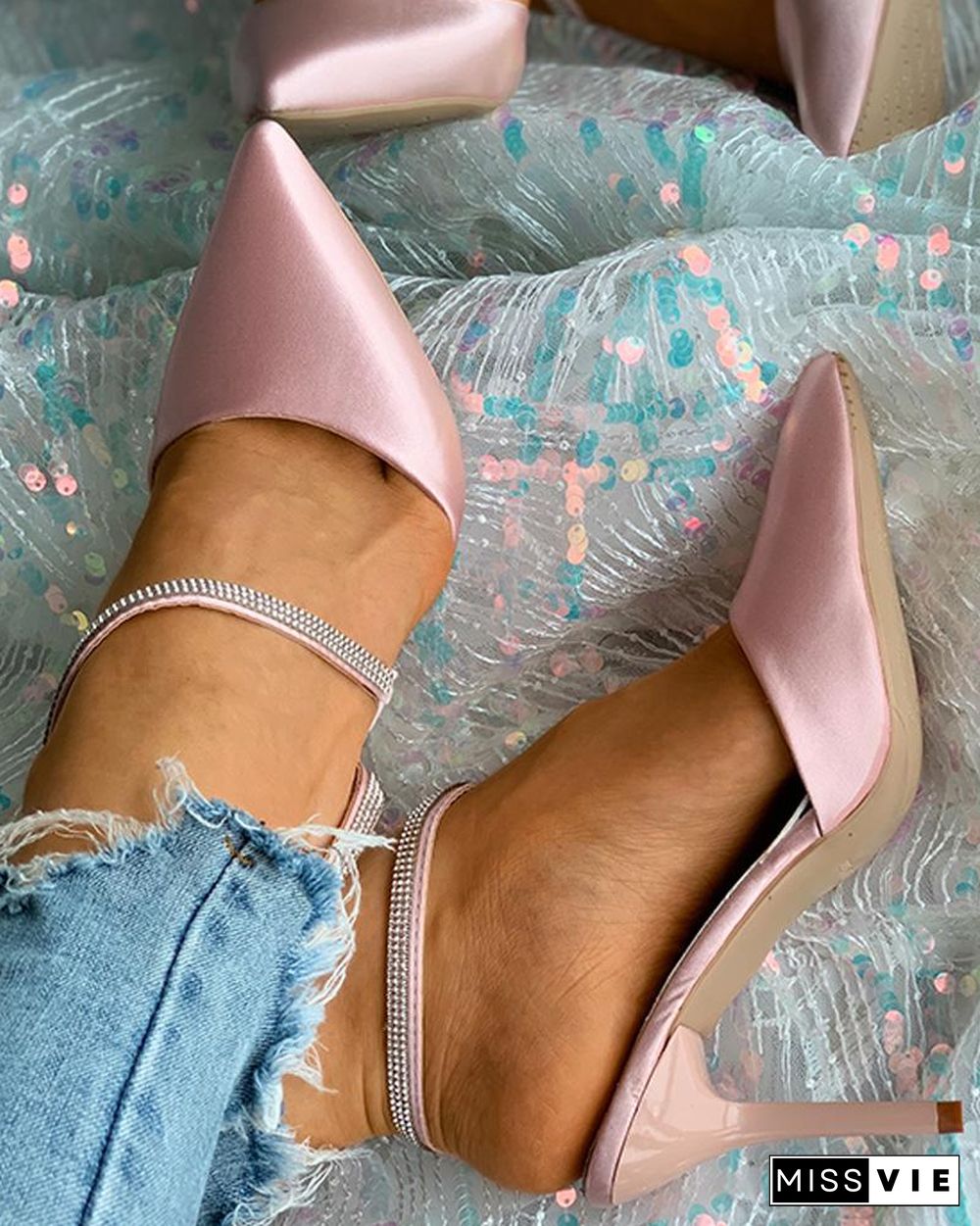 Studded Decor Strap Pointed Toe Stiletto Heels