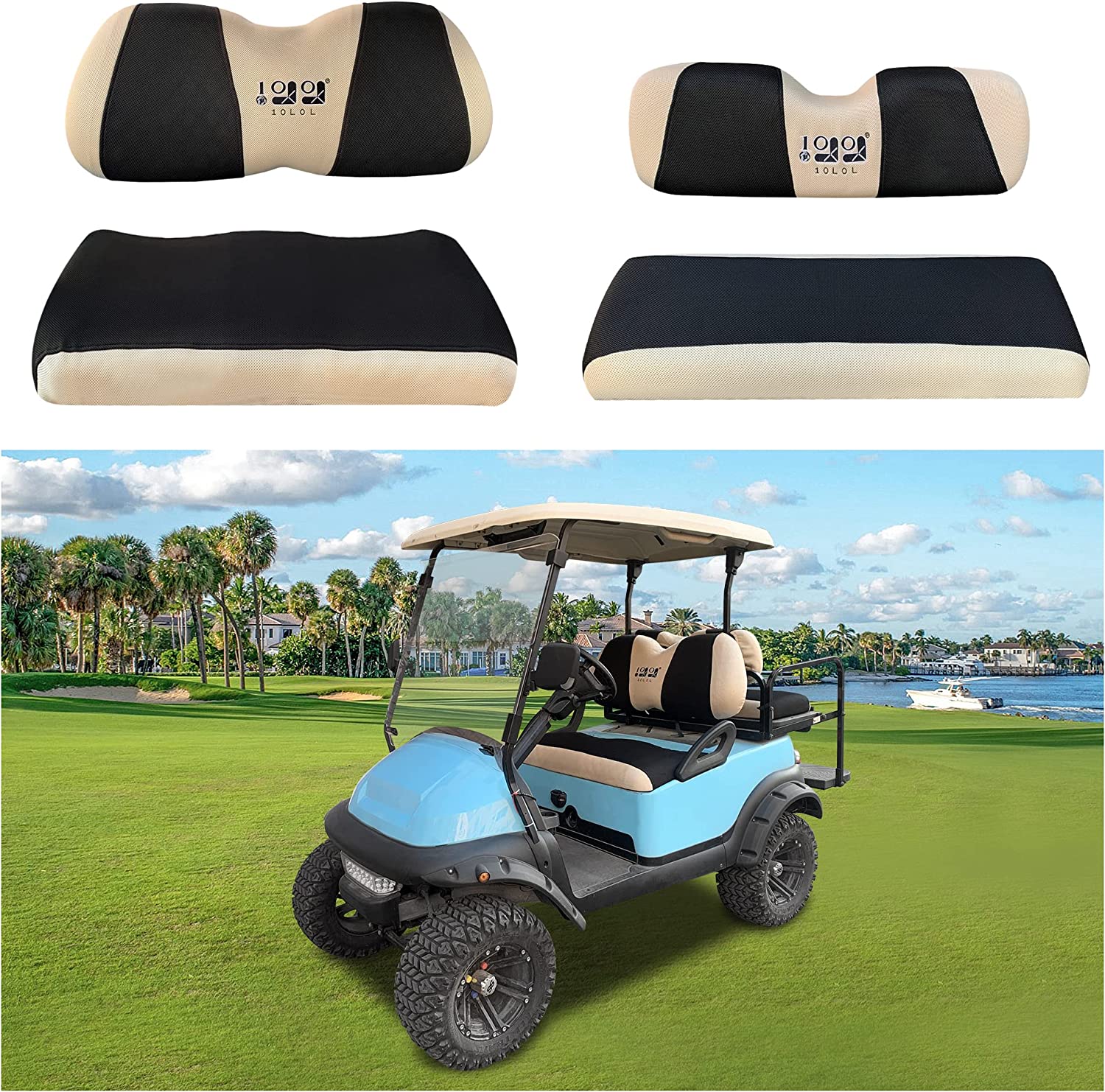 10L0L Golf Cart Front Rear Seat Cover Set Fit Yamaha and Club Car Precedent， Breathable Polyester Golf Cart Part Accessories Black Beige L+XS size