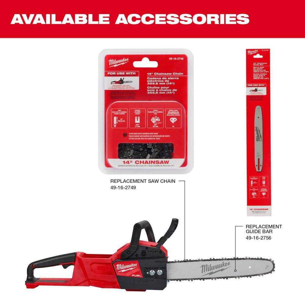 MW M18 FUEL 14 in. 18-Volt Lithium-Ion Electric Battery Chainsaw  M18 FUEL 16 in. Electric Battery Chainsaw (2-Tool) 2727-20C-2727-20