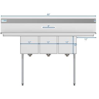 Koolmore 60 in. Freestanding Stainless Steel 3 Compartments Commercial Sink with Drainboard CS312-122