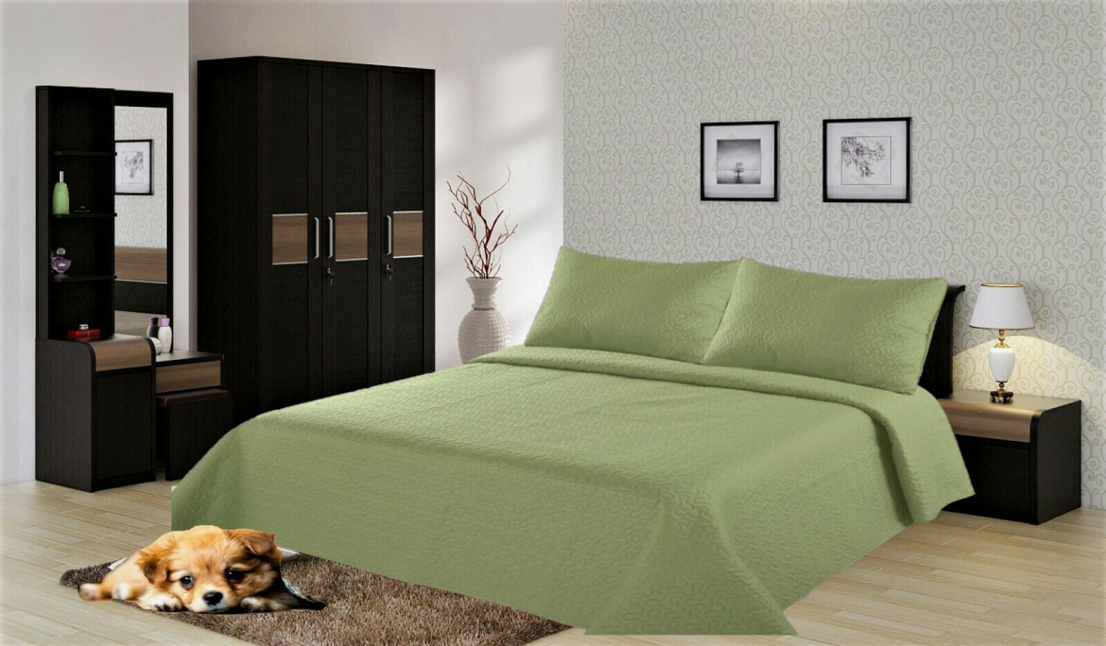 Twin 2 Piece Quilt Stippling Reversible Comfortable Bedspread Bed Bedding Coverlets Cover Set With Pillow Cases ( Sage Green )