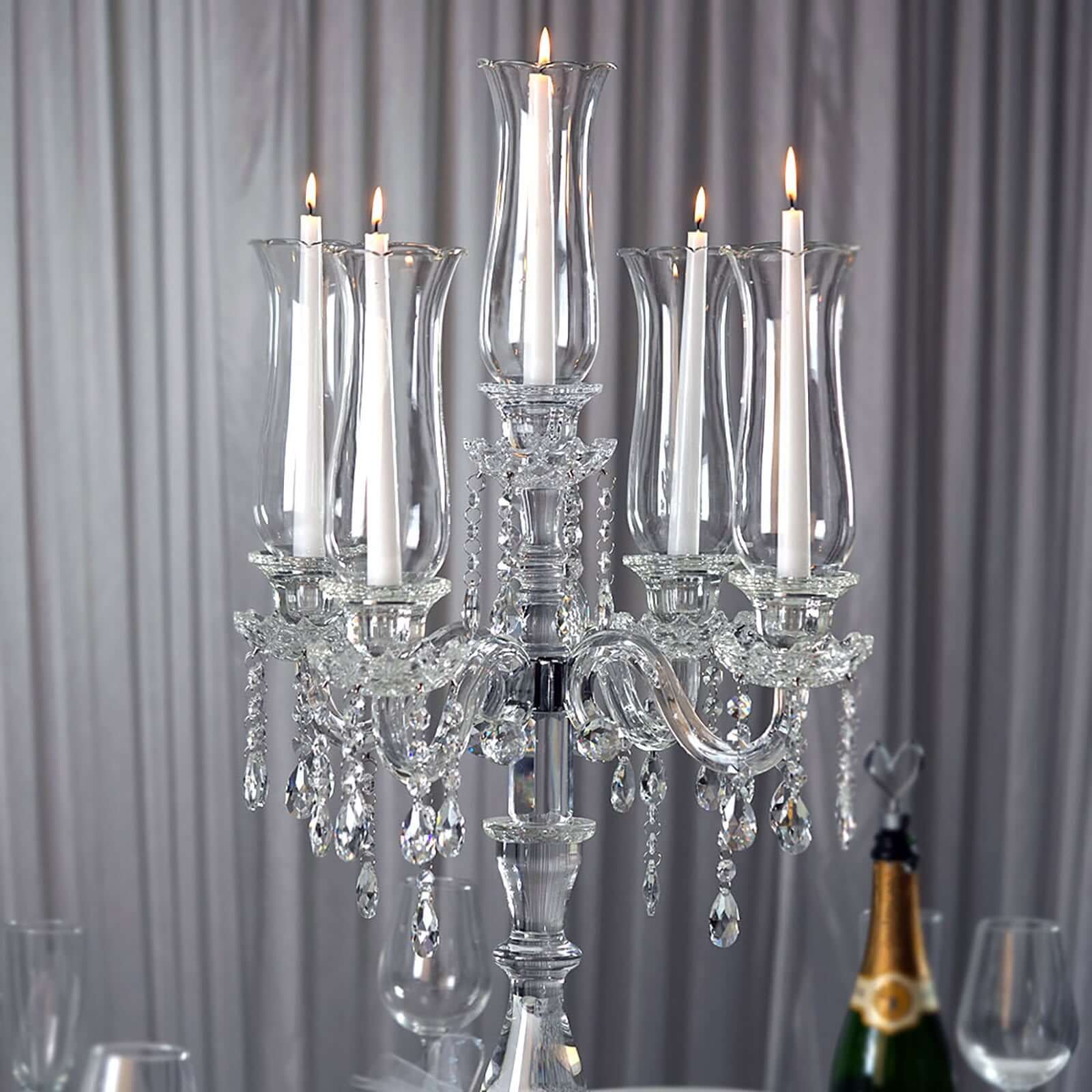 5 Arm Premium Crystal Glass Taper Candle Holder Candelabra With Chandelier Chains 32