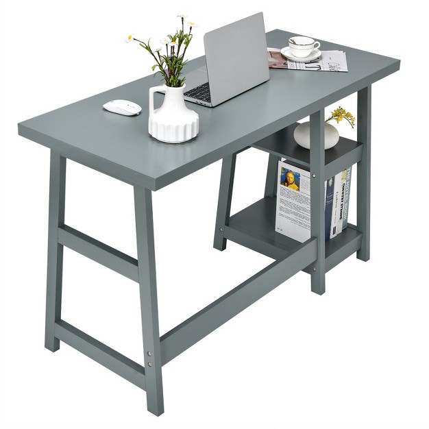 Tangkula Trestle Computer Desk Indoor Office Workstation For Home Office With 2 tier Storage Shelves