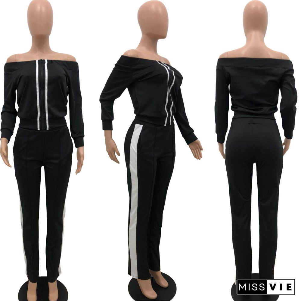 Solid Off Shoulder Zipper Top Side Striped Pants Sport Suit