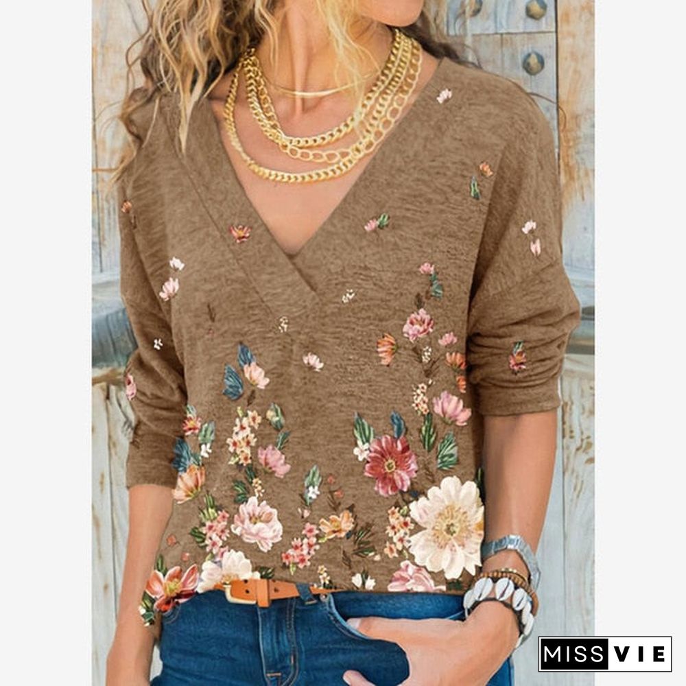 Snake Yx Women'S Clothing Autumn And Winter New Fashion Women'S V-Neck Flower Print Long-Sleeved Casual Loose T-Shirt Plus Size