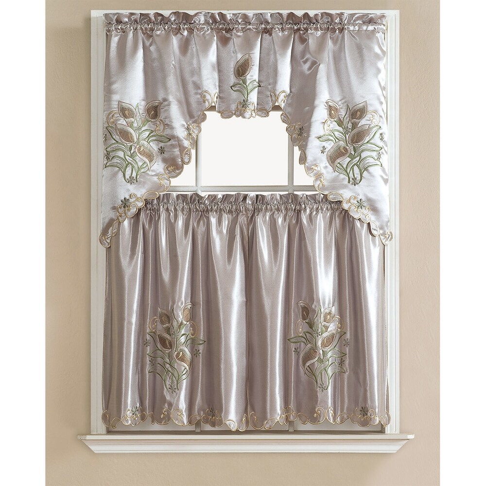 Tulip Satin Embroidered Kitchen Curtain Set  Swag 60x36  Tiers 30x36 Inches