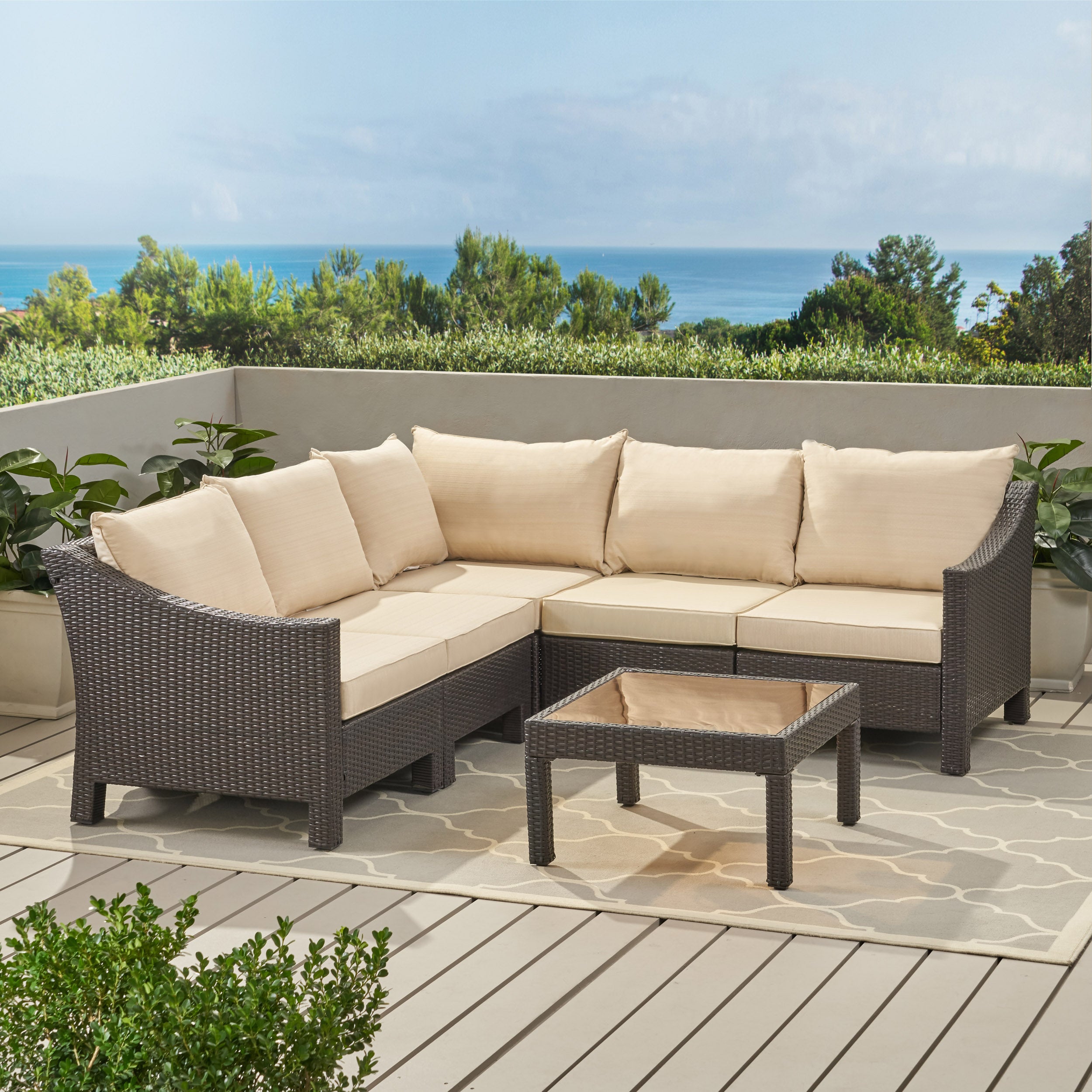 Caspian 6pc Outdoor Wicker V-shaped Sectional Sofa Set w/ Cushions