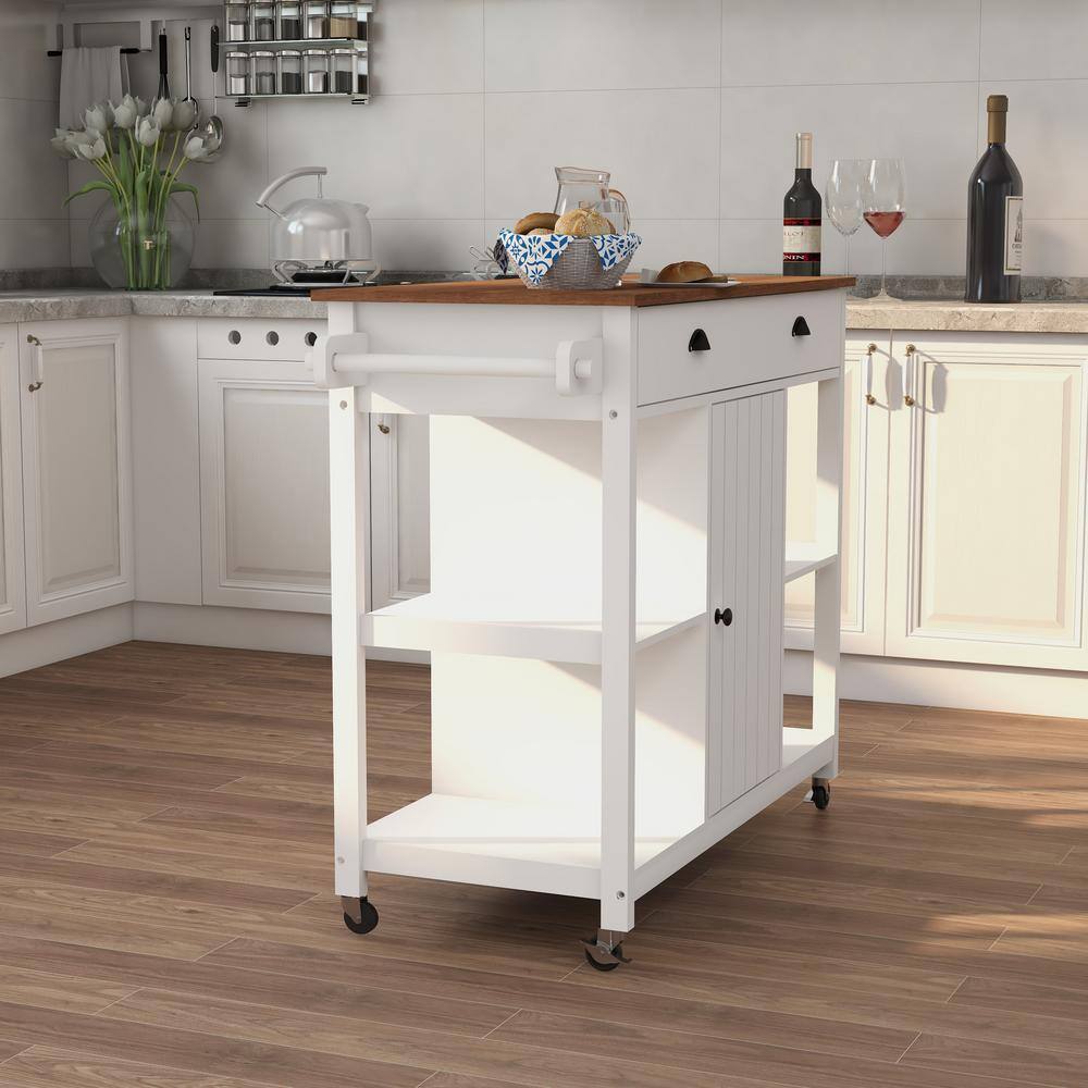 White Solid Wood Top 43.3 in. W Kitchen Island on 5-Wheels with Open Shelves VJ0325KIsland41