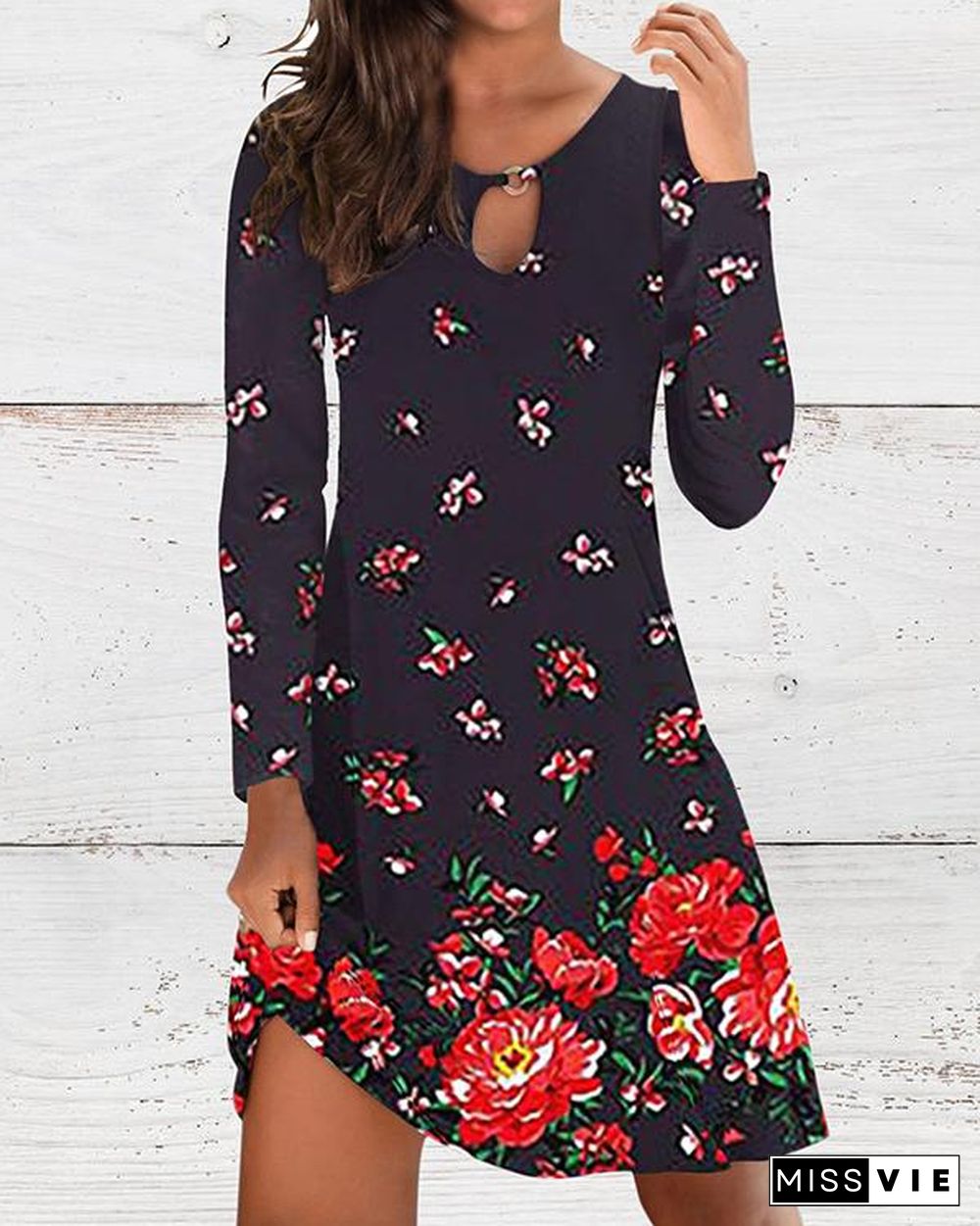 Printed Round Neck Long Sleeve Dress