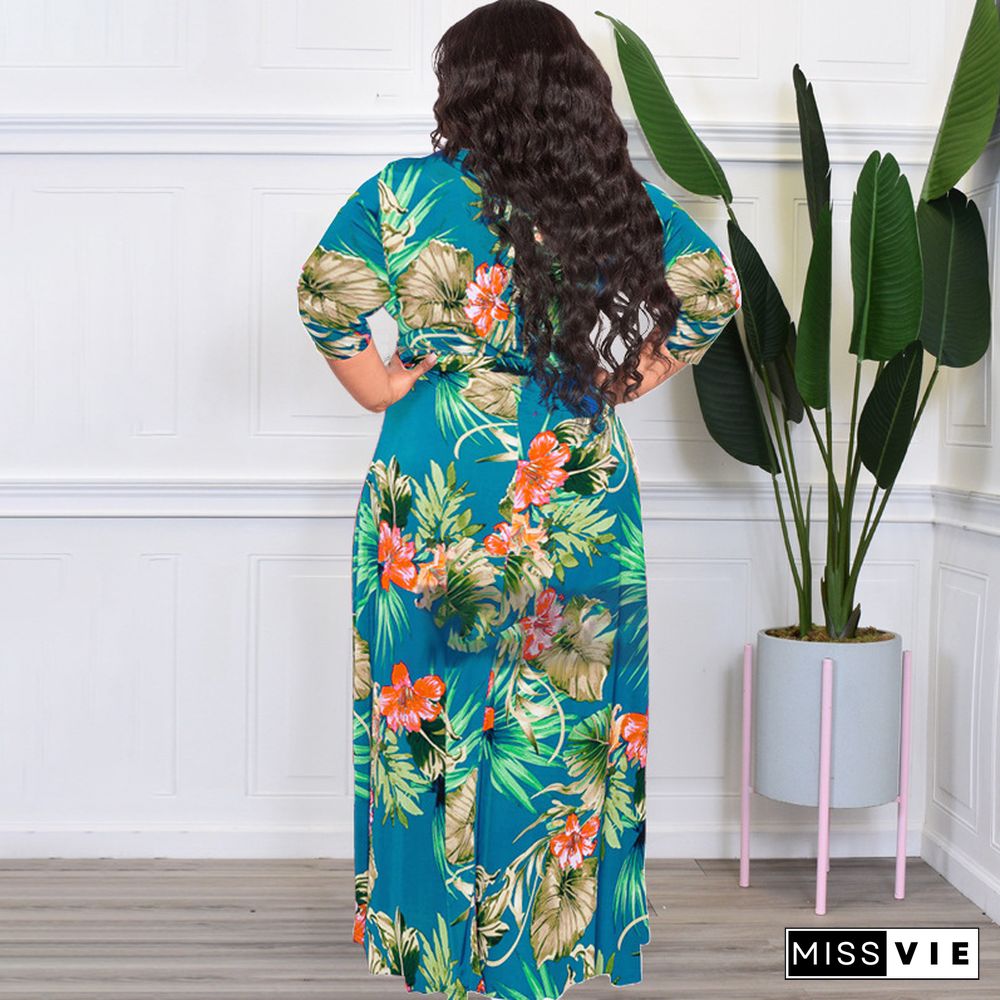 V Neck High Waist Vintage Plus Size Maxi Dress