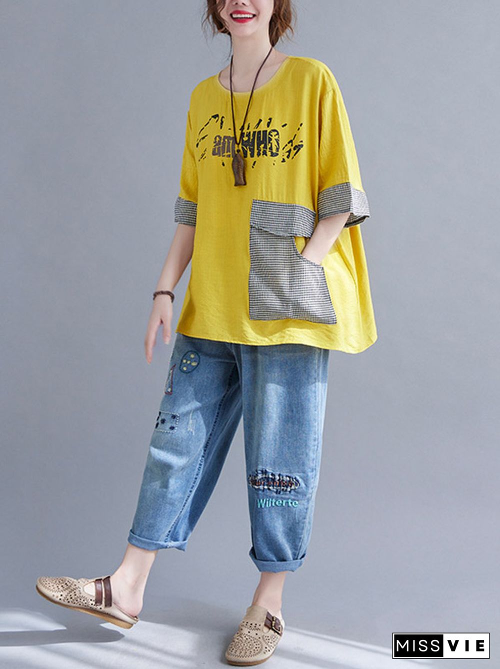 Original Letter Print Split-Joint Round-Neck T-Shirts Tops