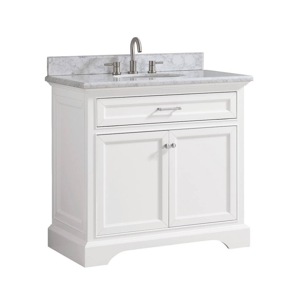 Home Decorators Collection Windlowe 37 in. W x 22 in. D x 35 in. H Bath Vanity in White with Carrera Marble Vanity Top in White with White Sink 15101-VS37C-WT