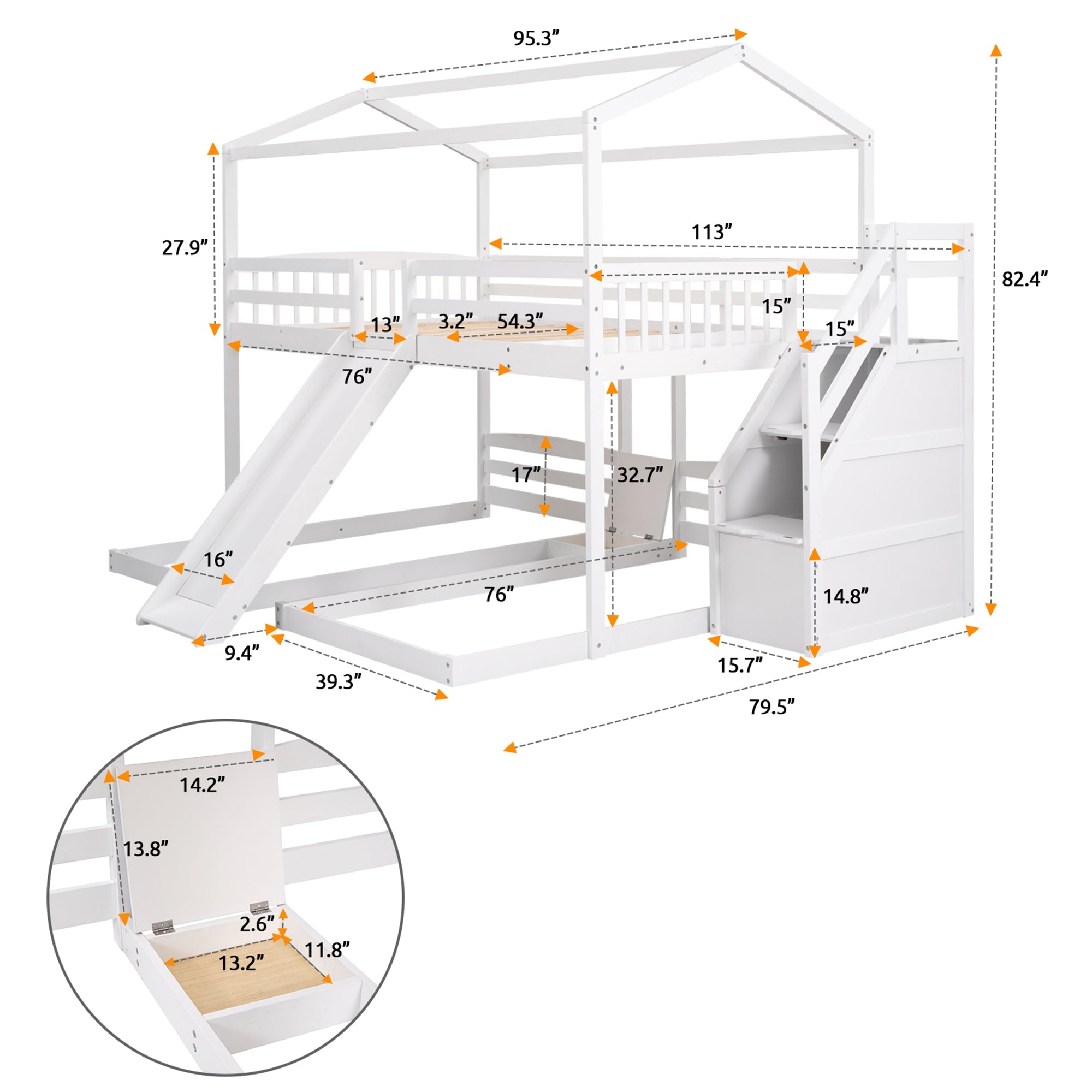 EUROCO Full over Twin & Twin Bunk Bed with Slide and Shelf for Kids, White