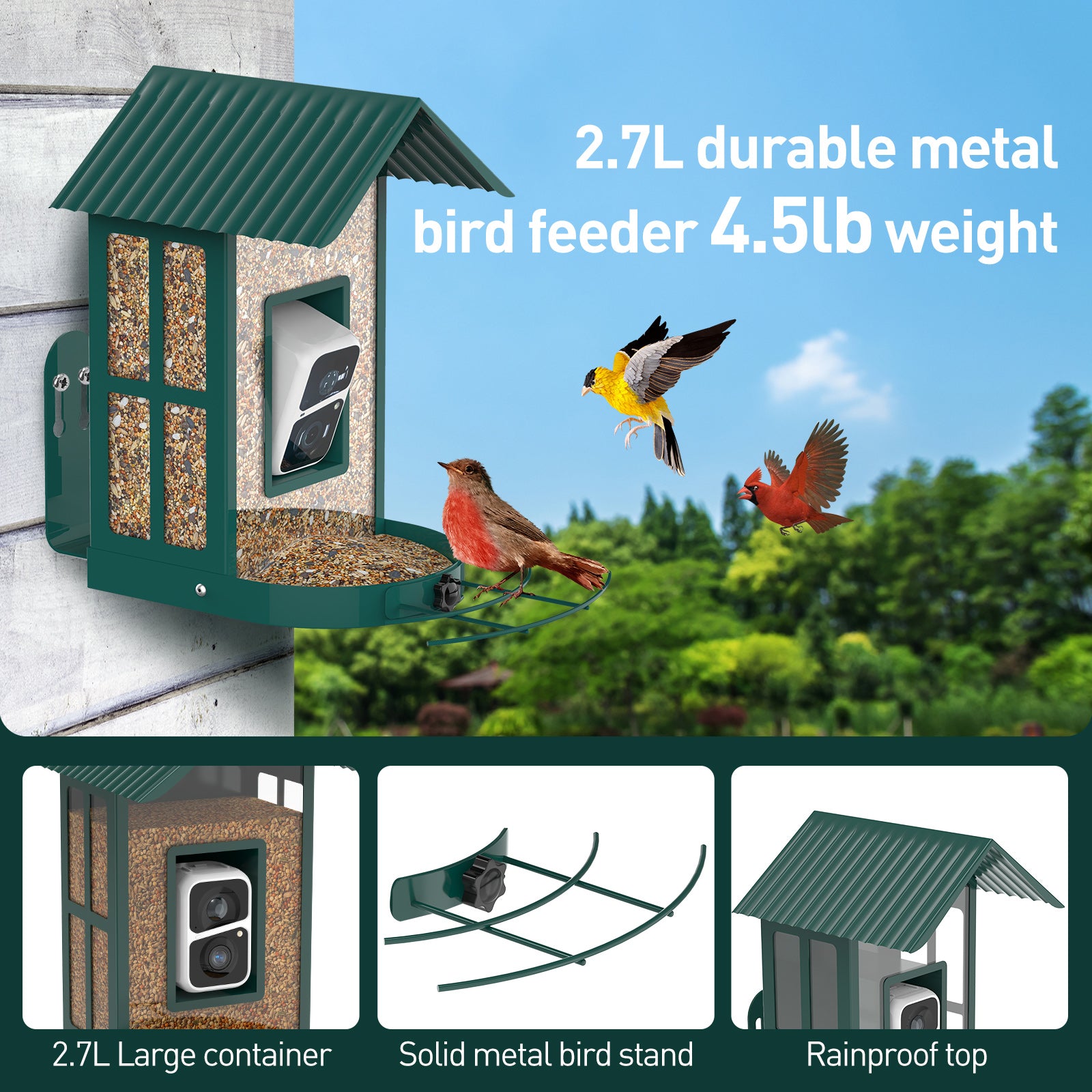 Soliom Smart Bird Feeder BF08 with Solar AI Identify Bird Species Camera for Wild Bird， Green