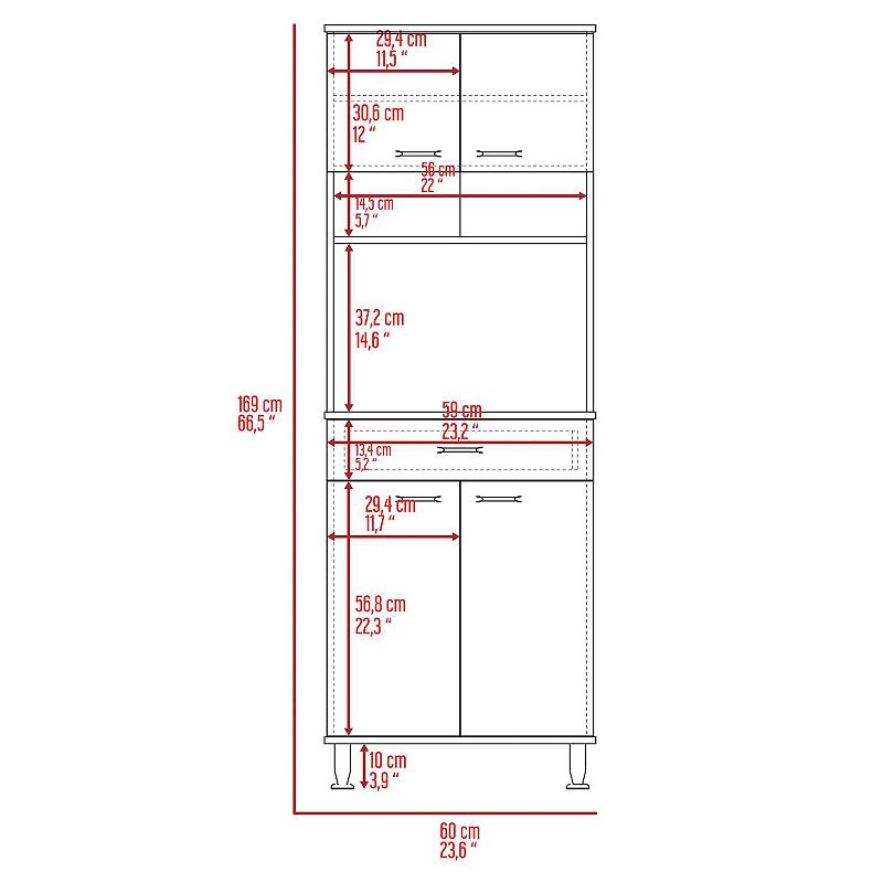 Bay Area Pantry， Two Door Cabinets， One Drawer， Four Adjustable Metal Legs