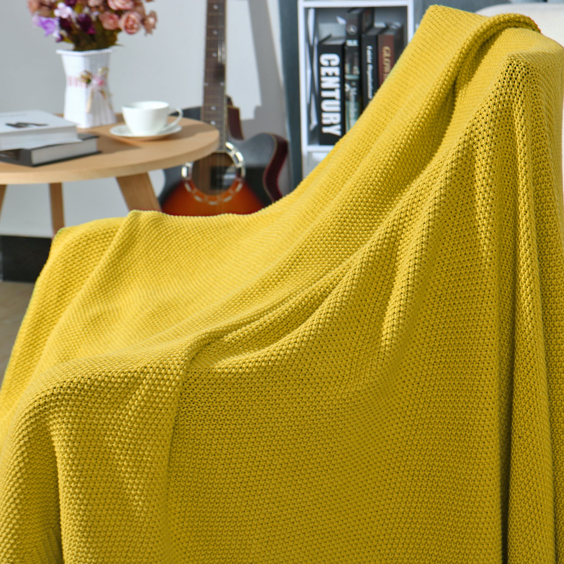 PiccoCasa Solid Knit Cotton Blanket for Couch and Sofa  Yellow 50