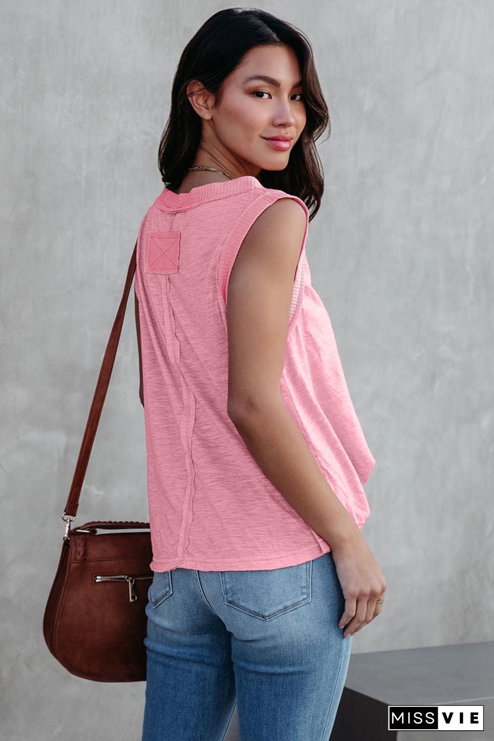 Pink V Neck Ribbed Trimming Tank Top