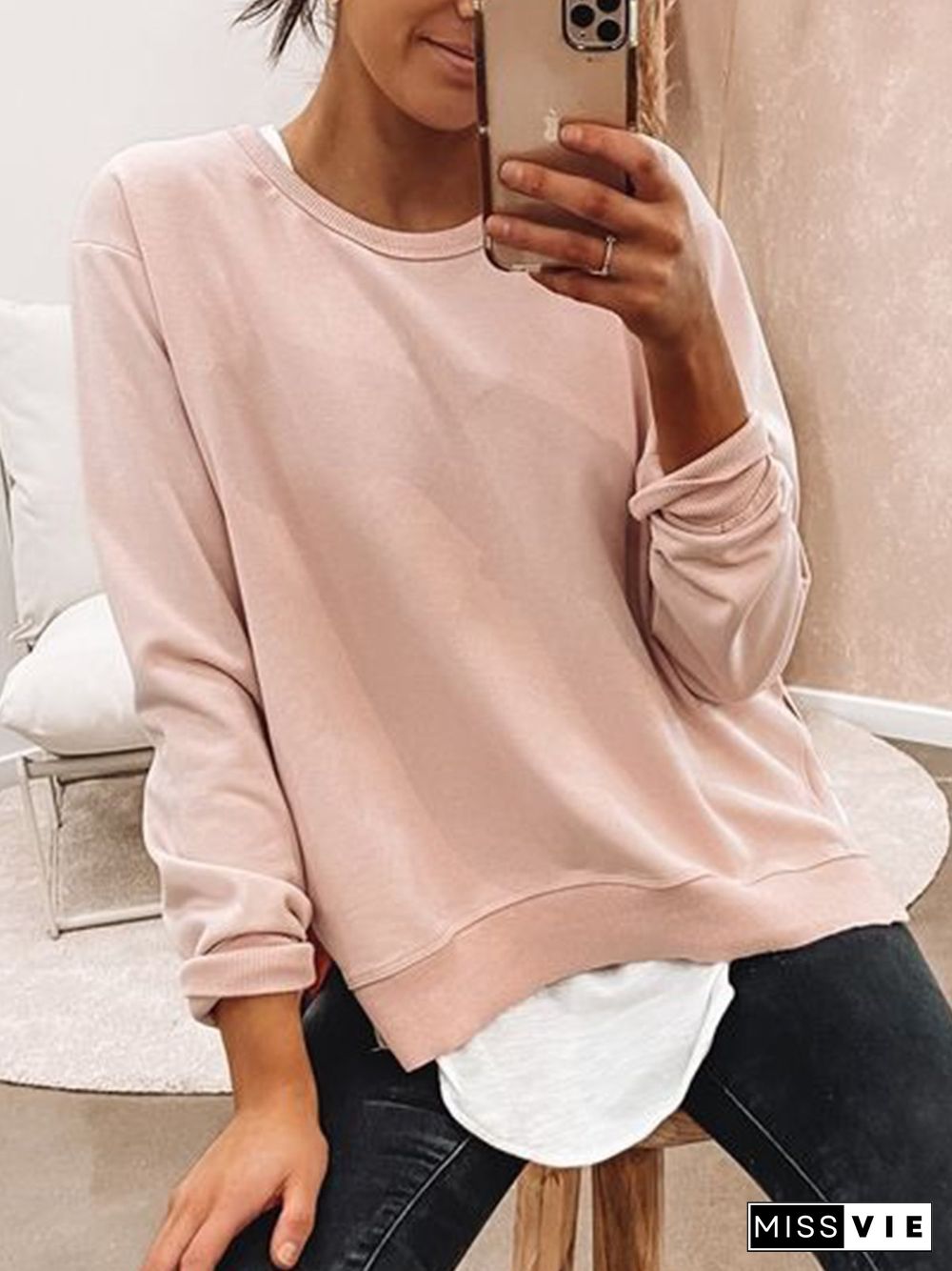 Casual Plain Crew Neck Long Sleeve Loose Sweatshirts