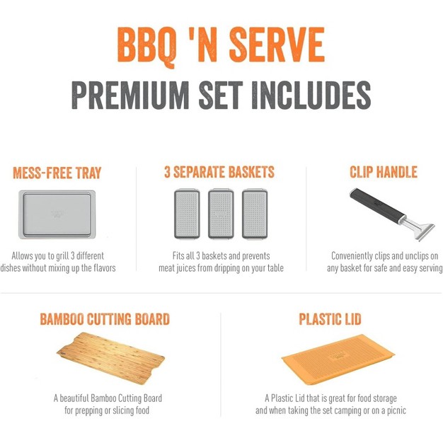 Yukon Glory Bbq x27 n Serve Premium Set Includes 3 Grill Baskets Serving Tray Bamboo Cutting Board Plastic Lid And Clip on Handle